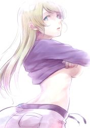 Rule 34 | 10s, 1girl, ayase eli, backboob, blonde hair, blue eyes, breasts, clothes lift, colorized, hair down, highres, long hair, looking at viewer, looking back, love live!, love live! school idol project, shirt lift, solo, underboob, undressing, yukiiti