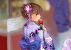 Rule 34 | 1girl, alternate hairstyle, animal print, blue kimono, brown eyes, brown hair, candy apple, d.va (overwatch), facepaint, facial mark, fan8059, floral print, flower, food, from behind, hair flower, hair ornament, holding, holding food, japanese clothes, kimono, leaf print, looking at viewer, looking back, obi, overwatch, overwatch 1, rabbit print, sash, short hair, smile, solo, summer festival, upper body, whisker markings, wide sleeves, yukata