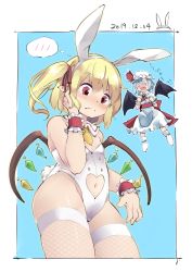 Rule 34 | 2girls, alternate costume, animal ears, arm at side, ascot, back bow, bare arms, barefoot, bat wings, blonde hair, blue hair, blush, bow, closed mouth, clothing cutout, crystal, dated, detached collar, dress, embarrassed, fake animal ears, fake tail, fishnet legwear, fishnets, flandre scarlet, floating, hair ribbon, hairband, hand on own cheek, hand on own face, hand up, hands up, hat, hat ribbon, heart cutout, highres, kankai (yamimomon), leotard, looking at another, looking down, medium hair, mob cap, multiple girls, navel, navel cutout, necktie, o o, open mouth, playboy bunny, pointy ears, rabbit ears, rabbit tail, red eyes, remilia scarlet, ribbon, siblings, side ponytail, sidelocks, sisters, solo focus, stomach, strapless, strapless leotard, tail, thighhighs, touhou, v-shaped eyebrows, white dress, white leotard, wings, wrist cuffs