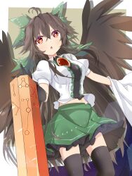 Rule 34 | 1girl, :o, ahoge, arm cannon, ashigaruk, bird wings, black hair, breasts, bright pupils, chest jewel, chestnut mouth, commentary request, drop shadow, dutch angle, feathered wings, feet out of frame, green skirt, hair between eyes, highres, light blush, long hair, looking at viewer, medium breasts, midriff, navel, open mouth, red eyes, reiuji utsuho, skirt, solo, thighhighs, touhou, very long hair, weapon, white pupils, wings