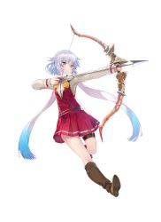 Rule 34 | 1girl, arrow (projectile), belt, blue eyes, blue hair, boots, bow (weapon), drawing bow, full body, highres, holding bow (weapon), miniskirt, multicolored hair, official art, omega labyrinth, omega labyrinth z, scarf, school uniform, short hair, simple background, skirt, solo, souja saeri, tousaki umiko, two-tone hair, weapon, white background, white hair