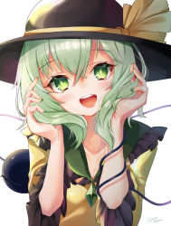 Rule 34 | 1girl, aqua hair, artist name, black hat, blush, breasts, bright pupils, cleavage, collarbone, commentary request, fingernails, frilled shirt collar, frilled sleeves, frills, green eyes, green nails, hair between eyes, hands in hair, hat, hat ribbon, head tilt, komeiji koishi, long sleeves, looking at viewer, nail polish, open mouth, ribbon, shiromoru (yozakura rety), shirt, short hair, simple background, solo, teeth, third eye, touhou, upper body, upper teeth only, white background, yellow shirt