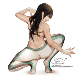 Rule 34 | 1girl, alternate costume, artist name, ass, back, black hair, brown eyes, capcom, copyright name, feet, fingerless gloves, full body, gloves, grin, han juri, highres, hu dako, legs apart, long hair, looking at viewer, looking back, no shoes, pants, pantylines, parted lips, signature, simple background, smile, solo, street fighter, street fighter v, thighs, tiptoes, toeless legwear, toes, tsurime, whale tail (clothing), white background, white gloves