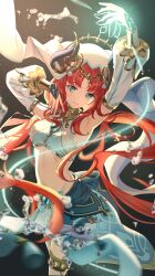 Rule 34 | 1girl, absurdres, arm up, armpits, blue eyes, breasts, bridal gauntlets, closed mouth, dancer, detached sleeves, fake horns, genshin impact, highres, horns, komiya latte, long hair, looking at viewer, nilou (genshin impact), red hair, revision, small breasts, smile, solo, standing, twintails, very long hair