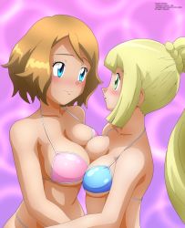 Rule 34 | 2girls, absurdres, bikini, blonde hair, blue bikini, blue eyes, blush, breast press, breasts, brown hair, bubble background, cleavage, collarbone, creatures (company), game freak, green eyes, highres, hug, large breasts, lillie (pokemon), long hair, looking at another, multiple girls, nintendo, open mouth, pink bikini, pokemon, pokemon (anime), pokemon sm, pokemon xy (anime), ponytail, purple background, serena (pokemon), short hair, smile, standing, swimsuit, upper body, yuri, zel-sama