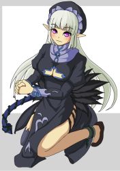 Rule 34 | 1girl, akitaka99, belt, breasts, chain, cleavage, cleavage cutout, clothing cutout, dark priest, demon girl, demon tail, dress, feathers, full body, hat, loincloth, long hair, medium breasts, monster girl, monster girl encyclopedia, nun, pointy ears, purple eyes, smile, solo, tail, tongue, white hair