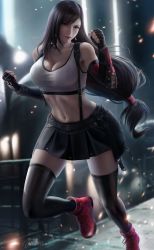 Rule 34 | 1girl, absurdres, arm guards, black skirt, blurry, blurry background, breasts, cleavage, clenched hands, crop top, final fantasy, final fantasy vii, final fantasy vii remake, fingerless gloves, full body, gloves, highres, long hair, looking at viewer, low-tied long hair, navel, pleated skirt, red eyes, red footwear, skirt, solo, stomach, suspenders, tank top, thighhighs, tifa lockhart, toned, very long hair, wickellia