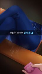Rule 34 | 1girl, blue pants, controller, crossed legs, denim, emoji, english text, fake screenshot, hetero, highres, holding, holding remote control, hololive, hololive english, jeans, nixour, ouro kronii, ouro kronii (casual), pants, pov, pov hands, pussy juice, remote control, remote control vibrator, sex toy, sitting, snapchat, table, thighs, vibrator, vibrator under clothes, virtual youtuber