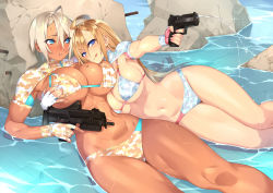 Rule 34 | 23 (real xxiii), 2girls, :q, ahoge, bikini, blonde hair, blue eyes, blush, grabbing another&#039;s breast, breasts, cleavage, commentary request, dark-skinned female, dark skin, eyes visible through hair, female focus, fingerless gloves, gloves, grabbing, hair between eyes, highres, large breasts, long hair, looking at another, multiple girls, navel, original, rock, sela (23), short hair, silver hair, swimsuit, tongue, tongue out, underboob, ursula (23), water, water gun, white gloves, wife and wife, yuri