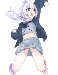 Rule 34 | 1girl, :d, arm up, black jacket, blue archive, blue hair, commentary, gluteal fold, grey skirt, halo, highres, jacket, midriff, multicolored hair, navel, open clothes, open jacket, open mouth, pearlgang e, pink hair, purple eyes, reisa (blue archive), school uniform, simple background, skirt, smile, solo, sparkling eyes, star halo, thighs, two-tone hair, white background
