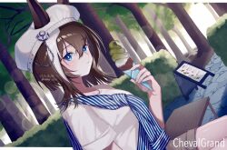 Rule 34 | 1girl, alternate costume, bench, blue eyes, breasts, bright pupils, brown shorts, character name, cheval grand (umamusume), closed mouth, dated, dutch angle, ears through headwear, food, hand up, hat, hedge, highres, holding, holding food, ice cream, lens flare, letterboxed, looking at viewer, medium hair, menu board, multicolored hair, outdoors, outside border, renma (renma 0503), shirt, short shorts, short sleeves, shorts, sitting, small breasts, solo, streaked hair, tree, twitter username, umamusume, watermark, white hat, white pupils, white shirt