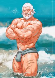 Rule 34 | 1boy, abs, absurdres, bara, bare pectorals, beach, beard, blind, blue male swimwear, blue swim briefs, bulge, cowboy shot, crossed arms, facial hair, from side, highres, large pectorals, looking at viewer, looking to the side, male focus, male swimwear, mature male, muscular, muscular male, navel, navel hair, nipples, old, old man, overwatch, overwatch 1, partially submerged, pectorals, reinhardt (overwatch), rumlockerart, scar, scar across eye, scar on arm, scar on chest, scar on face, scar on leg, short hair, smile, solo, stomach, swim briefs, swimsuit, thick thighs, thighs, water, white hair