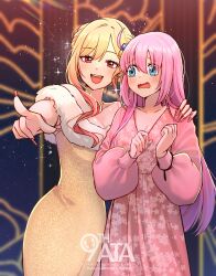 Rule 34 | 2girls, absurdres, blonde hair, blue eyes, bocchi the rock!, breasts, cable tie, cleavage, crossover, cube hair ornament, dress, eyelashes, fingernails, floral print, fur-trimmed dress, fur trim, gotoh hitori, gradient hair, hair ornament, hakamii, hand on another&#039;s shoulder, highres, kitagawa marin, large breasts, long fingernails, long hair, makeup, multicolored hair, multiple girls, pink dress, pink hair, pointing, red eyes, red hair, smile, sono bisque doll wa koi wo suru, wavy mouth, yellow dress