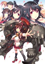 Rule 34 | 10s, 6+girls, :d, asymmetrical clothes, black hair, blonde hair, blue eyes, braid, brown hair, collar, flower, fusou (kancolle), haruna (kancolle), highres, kantai collection, long hair, looking at viewer, michishio (kancolle), miniskirt, mogami (kancolle), multiple girls, nishimura eri, open mouth, outstretched arm, petals, pleated skirt, ponytail, purple eyes, red eyes, remodel (kantai collection), shigure (kancolle), short hair, single thighhigh, skirt, smile, thigh strap, thighhighs, turret, umbrella, yamashiro (kancolle), yamato (kancolle)