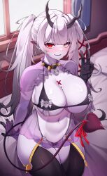 Rule 34 | 1girl, 5danny1206, absurdres, black choker, black gloves, black thighhighs, blush, breasts, choker, cleavage, colored skin, commentary, demon girl, demon horns, demon tail, gloves, hand up, heterochromia, highres, horns, indoors, large breasts, long hair, long sleeves, navel, original, parted lips, pointy ears, purple skin, red eyes, see-through, smile, solo, spiked choker, spikes, symbol-only commentary, tail, thighhighs, thighs, twintails, underboob, v, yellow eyes