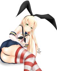 Rule 34 | 10s, 1girl, absurdres, anchor hair ornament, ass, black panties, blonde hair, breasts, chiyo goya, elbow gloves, gloves, green eyes, hair ornament, hairband, highres, kantai collection, looking at viewer, lying, microskirt, on side, panties, pantyshot, pleated skirt, sailor collar, shimakaze (kancolle), simple background, skirt, solo, striped clothes, striped thighhighs, thighhighs, thong, underwear, upskirt, white background, white gloves