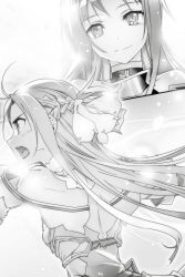 Rule 34 | 2girls, asuna (sao), braid, bunbun, closed mouth, crown braid, floating hair, greyscale, hair rollers, highres, long hair, looking at viewer, monochrome, multiple girls, novel illustration, official art, open mouth, profile, shoulder blades, smile, sword art online, upper body, very long hair, yuuki (sao)