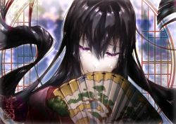 Rule 34 | 1girl, absurdres, black hair, closed mouth, covering own mouth, fate/grand order, fate (series), floating hair, folding fan, hair between eyes, hand fan, highres, japanese clothes, jinkoshi itori, kimono, light particles, long hair, looking down, murasaki shikibu (fate), murasaki shikibu (third ascension) (fate), pine tree, purple eyes, red kimono, round window, seal impression, solo, tree, tree print, upper body, window