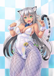 Rule 34 | 1girl, :d, animal ears, breasts, checkered background, cowboy shot, dark-skinned female, dark skin, detached collar, fangs, fishnet pantyhose, fishnets, green eyes, kittysuit, kiyama satoshi, large breasts, leotard, long hair, looking at viewer, necktie, nontraditional playboy bunny, open mouth, original, pantyhose, paw pose, smile, solo, tail, tiger ears, tiger tail, v, very long hair, wrist cuffs