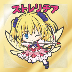 Rule 34 | 1girl, ;), ahoge, arrow (projectile), blonde hair, blush, bow, bow (weapon), bridal gauntlets, brown wings, character name, chibi, closed mouth, drawing bow, dress, fairy wings, flower, flower knight girl, frilled dress, frills, full body, hair between eyes, hair flower, hair ornament, holding, holding bow (weapon), holding weapon, long hair, one eye closed, pantyhose, pink dress, puffy short sleeves, puffy sleeves, purple bow, purple flower, purple footwear, ri-net, shoes, short sleeves, smile, solo, strelitzia (flower knight girl), transparent wings, two side up, v-shaped eyebrows, weapon, white pantyhose, wings