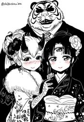 Rule 34 | 1boy, 2girls, animal head, blush, character request, closed mouth, commentary request, extra eyes, fingernails, flower, fur trim, furry, hair between eyes, hair flower, hair ornament, hitomi sensei no hokenshitsu, horns, japanese clothes, kimono, lipstick, long sleeves, looking at viewer, makeup, multiple girls, obi, parted bangs, red lips, sash, scales, shake-o, simple background, smile, spot color, standing, sunglasses, third eye, twitter username, white background