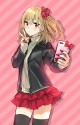 Rule 34 | 1girl, black thighhighs, blonde hair, cellphone, commentary request, earrings, frilled skirt, frills, gyaru, hair ornament, hair ribbon, highres, jacket, jewelry, leather, leather jacket, long sleeves, miniskirt, nail polish, open clothes, open jacket, original, phone, red eyes, red nails, red skirt, ribbon, selfie, skirt, smartphone, solo, somechime (sometime1209), standing, thighhighs, v, zettai ryouiki