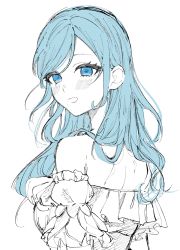 Rule 34 | 1girl, arms at sides, bare back, bare shoulders, blouse, blue eyes, blue hair, detached sleeves, eyelashes, frills, hair behind ear, hana kon (17aaammm), happy, highres, hinomori shizuku, light blue hair, light blush, long eyelashes, long hair, looking at viewer, looking back, mole, mole under mouth, parted lips, project sekai, puffy short sleeves, puffy sleeves, shirt, short sleeves, shoulder blades, simple background, smile, solo, spot color, swept bangs, tsurime, wavy hair, white background