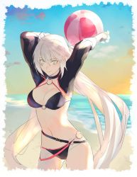 Rule 34 | 1girl, absurdres, ahoge, arms up, ball, beach, beachball, bikini, black bikini, blonde hair, blue sky, border, breasts, cleavage, closed mouth, contrapposto, cowboy shot, day, fate/grand order, fate (series), gradient sky, hair between eyes, hands up, highres, jeanne d&#039;arc alter (swimsuit berserker) (fate), jeanne d&#039;arc (fate), jeanne d&#039;arc alter (fate), jeanne d&#039;arc alter (swimsuit berserker) (fate), large breasts, long hair, looking at viewer, medium breasts, o-ring, orange sky, outdoors, sankomichi, shrug (clothing), sky, smile, solo, standing, swimsuit, very long hair, white border, yellow eyes