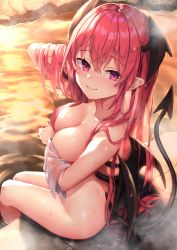 Rule 34 | 1girl, blush, breasts, commentary request, covering breasts, covering privates, demon tail, demon wings, hair between eyes, hair censor, hand in own hair, head wings, highres, koakuma, long hair, medium breasts, pointy ears, red eyes, red hair, sitting, soaking feet, solo, tail, thighs, touhou, water, wings, wowoguni