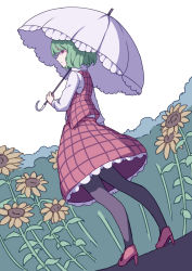 Rule 34 | 1girl, absurdres, black pantyhose, closed mouth, dutch angle, eyebrows hidden by hair, flower, frilled skirt, frills, full body, green eyes, high heels, highres, holding, holding umbrella, kame (kamepan44231), kazami yuuka, long sleeves, looking at viewer, one-hour drawing challenge, pantyhose, plaid, plaid skirt, plaid vest, red eyes, red footwear, red skirt, red vest, shirt, short hair, sideways glance, simple background, skirt, skirt set, solo, standing, sunflower, thighhighs, touhou, turtleneck, umbrella, vest, white background, white shirt, white umbrella, yellow flower