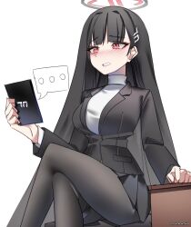 Rule 34 | ..., 1girl, absurdres, black hair, black pantyhose, black skirt, black suit, blue archive, blunt bangs, blush, bright pupils, cellphone, desk, formal, hair ornament, hairclip, highres, holding, holding phone, long hair, pantyhose, phone, pleated skirt, red eyes, rio (blue archive), skirt, solo, speech bubble, suit, sweater, tsunderemaids, turtleneck, turtleneck sweater, white sweater
