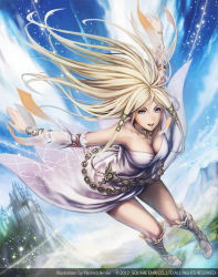 Rule 34 | 10s, 1girl, 2012, anbe yoshirou, artist name, blonde hair, blue eyes, breasts, cleavage, day, dress, falling, guardian cross, long hair, official art, open mouth, original, sandals, sky, smile, solo, square enix, white dress