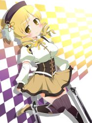 Rule 34 | 10s, 1girl, ayu (iyokanya), beret, blonde hair, boots, breasts, checkered floor, clothes lift, corset, drill hair, female focus, fingerless gloves, floor, gloves, hair ornament, hat, large breasts, magical girl, mahou shoujo madoka magica, mahou shoujo madoka magica (anime), pleated skirt, shirt, skirt, skirt lift, smile, solo, taut clothes, taut shirt, thighhighs, tomoe mami, yellow eyes
