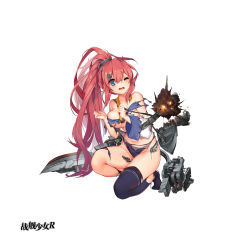Rule 34 | 1girl, blue eyes, breasts, cleavage, copyright name, explosion, full body, highres, large breasts, mkiiiiii, navel, official art, one-piece swimsuit, one eye closed, ponytail, porter (warship girls r), red hair, remodel (warship girls r), school uniform, simple background, sitting, solo, swimsuit, thighhighs, torn clothes, turret, warship girls r, weapon, white background, windforcelan