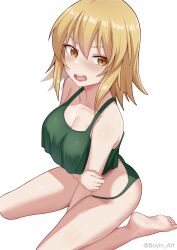 Rule 34 | 1girl, absurdres, blonde hair, blush, breasts, cagalli yula athha, cleavage, crop top, gundam, gundam seed, gundam seed destiny, gundam seed freedom, highres, holding own arm, kneeling, large breasts, looking at viewer, open mouth, panties, short hair, solo, underwear, underwear only, whitek, yellow eyes