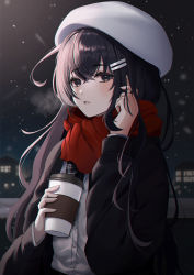 Rule 34 | 1girl, absurdres, beret, black eyes, black hair, black jacket, blurry, blurry background, blush, doongdang, drink, expressionless, hair between eyes, hair ornament, hairclip, hat, highres, holding, holding drink, jacket, long hair, long sleeves, looking at viewer, mole, mole under eye, necktie, night, open clothes, open jacket, original, outdoors, parted lips, plaid necktie, red scarf, scarf, shirt, shirt tucked in, sidelocks, snow, solo, steam, upper body, white hat, white shirt