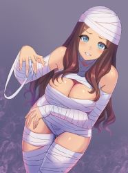 Rule 34 | 1girl, alternate costume, bandages, bare shoulders, blue eyes, blush, breasts, brown hair, cleavage, fate/grand order, fate (series), forehead, grin, halloween costume, highres, large breasts, leonardo da vinci (fate), long hair, looking at viewer, medium breasts, mummy, mummy costume, naked bandage, parted bangs, parted lips, ranma (kamenrideroz), simple background, smile, solo