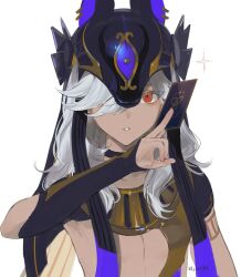 Rule 34 | 1boy, animal hat, black choker, black hat, card, choker, commentary request, cyno (genshin impact), dark-skinned male, dark skin, egyptian clothes, genshin impact, grey hair, hair over one eye, hat, highres, holding, holding card, long hair, looking at viewer, male focus, mare6ns, multicolored hair, parted lips, red eyes, signature, simple background, solo, sparkle, upper body, white background, white hair