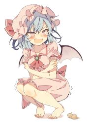 Rule 34 | 1girl, absurdres, ascot, barefoot, blue hair, blush, bow, commentary, crossed arms, demon wings, fang, feet, frilled ascot, frilled shirt collar, frilled skirt, frills, full body, garlic, hair between eyes, hair bow, hat, highres, looking at food, looking down, mob cap, open mouth, pink hat, pink shirt, pink skirt, puffy short sleeves, puffy sleeves, red ascot, red bow, red eyes, remilia scarlet, scared, seika okawari, shirt, short hair, short sleeves, simple background, skirt, solo, squatting, tears, toes, touhou, trembling, tsurime, v-shaped eyebrows, white background, wings