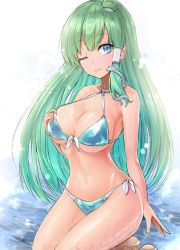 Rule 34 | 1girl, ;), aqua bikini, bare arms, bare shoulders, bikini, blue eyes, breasts, commentary request, frog hair ornament, green hair, hair ornament, kneeling, kochiya sanae, large breasts, long hair, looking at viewer, navel, one eye closed, simple background, smile, snake hair ornament, solo, stomach, swimsuit, thighs, touhou, very long hair, white background, y2