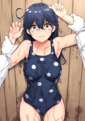 Rule 34 | 10s, 1girl, admiral (kancolle), against wall, ahoge, arm up, armpits, bare arms, bare shoulders, black hair, breasts, brown eyes, constricted pupils, covered navel, cowboy shot, dripping, gloves, hair between eyes, highres, holding another&#039;s wrist, imminent rape, jack dempa, kabedon, kantai collection, large breasts, long hair, long sleeves, looking at viewer, polka dot, polka dot swimsuit, restrained, scared, solo focus, standing, swimsuit, thighs, ushio (kancolle), very long hair, water, wet, wet clothes, wet hair, wet swimsuit, white gloves, wide-eyed, wooden wall