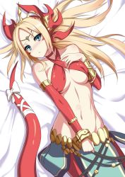 Rule 34 | 1girl, aqua eyes, bad id, bad twitter id, bed, blonde hair, blush, breasts, echidna (p&amp;d), highres, lamia, long hair, looking at viewer, lying, monster girl, navel, on back, puuzaki puuna, puzzle &amp; dragons, solo