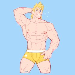 Rule 34 | 1boy, abs, alternate costume, bara, blonde hair, blue eyes, boku no hero academia, boxer briefs, bulge, cropped legs, feraltintinsimp, highres, large pectorals, male focus, male underwear, muscular, muscular male, navel, nipples, one eye closed, pectorals, scar, scar on arm, short hair, smile, solo, sparkle, spiked hair, stomach, thick thighs, thighs, togata mirio, underwear, underwear only, yellow boxer briefs, yellow male underwear