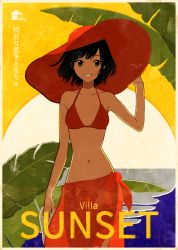 Rule 34 | 1girl, bare arms, bare shoulders, bikini, breasts, cover, cowboy shot, fake cover, green eyes, hand on headwear, hat, kurokeisin, leaf, looking at viewer, medium breasts, original, parted lips, red bikini, red hat, sarong, short hair, smile, solo, standing, sun, sun hat, swimsuit
