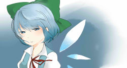 Rule 34 | 1girl, bad id, bad pixiv id, blouse, cirno, collared shirt, dress, expressionless, female focus, gradient background, half-closed eyes, koinoou seiryuu, pinafore dress, shirt, sleeveless dress, solo, touhou, upper body, white background, white shirt