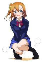 Rule 34 | 1girl, azukilib, between legs, black socks, blazer, blue eyes, blue jacket, blue skirt, blush, bow, bowtie, embarrassed, female focus, full body, hair bow, hair ornament, hand between legs, jacket, kneehighs, knees together feet apart, kosaka honoka, long sleeves, looking at viewer, love live!, love live! school idol project, one side up, open mouth, orange hair, own hands together, pee, peeing, peeing self, pigeon-toed, plaid, plaid skirt, pleated skirt, puddle, red bow, red bowtie, school uniform, shirt, short hair, simple background, skirt, socks, solo, squatting, steam, straight-on, sweat, trembling, v arms, wet, wet clothes, white background, white shirt, yellow bow
