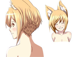 Rule 34 | 1girl, animal ears, blonde hair, blush, breasts, brown eyes, cleavage, close-up, closed eyes, collarbone, dearmybrothers, female focus, fox ears, grin, large breasts, nape, neck, no headwear, nude, profile, smile, solo, touhou, yakumo ran