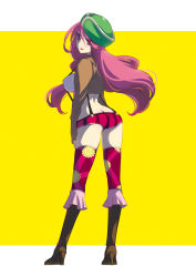 Rule 34 | 1girl, ass, boots, breasts, butt crack, cleavage, female focus, from behind, haruna mahiru, hat, high heels, highres, jewelry bonney, long hair, looking back, one piece, patterned legwear, pink eyes, pink hair, print thighhighs, shoes, short shorts, shorts, simple background, solo, standing, striped, suspenders, thighhighs, vertical stripes