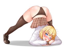 Rule 34 | 1girl, ass, blonde hair, blue eyes, blush, breasts, brown footwear, brown panties, brown thighhighs, chira573, flying sweatdrops, grey shirt, hair ornament, highres, hololive, hololive english, jack-o&#039; challenge, long sleeves, looking at viewer, meme, open mouth, panties, plaid, plaid skirt, shirt, shoes, short hair, simple background, skirt, solo, sweatdrop, teeth, thighhighs, top-down bottom-up, underwear, upper teeth only, virtual youtuber, watson amelia, white background