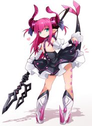Rule 34 | 10s, 1girl, asymmetrical horns, blue eyes, blush, claws, corset, detached sleeves, dress, elizabeth bathory (fate), elizabeth bathory (fate/extra ccc), elizabeth bathory (fate/grand order), elizabeth bathory (first ascension) (fate), fate/extra, fate/extra ccc, fate/grand order, fate (series), highres, horns, karukan (monjya), long hair, looking at viewer, pink hair, plaid, plaid skirt, pointy ears, ribbon, skirt, smile, solo, tail, two side up, uneven horns